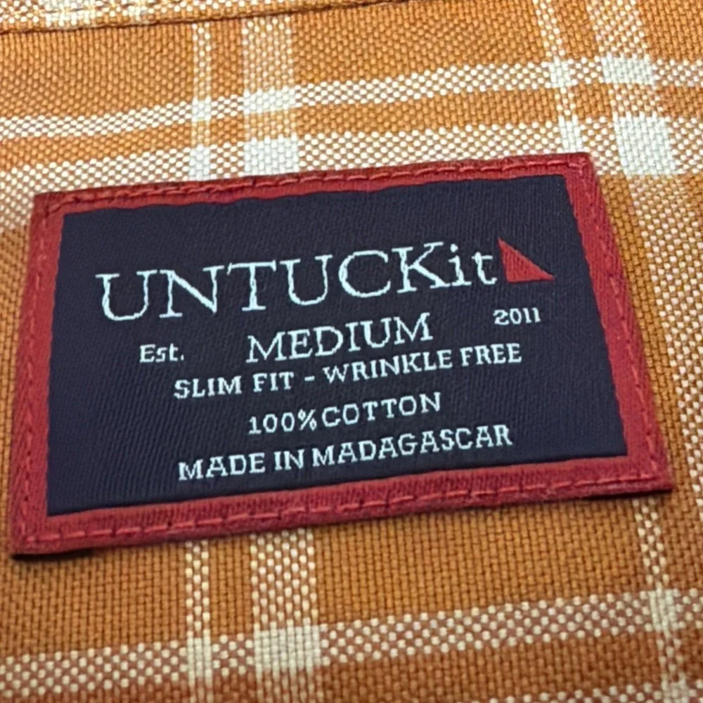 UNTUCKit Mens Large Slim Fit Wrinkle Free Plaid Button Down Shirt Blue Orange